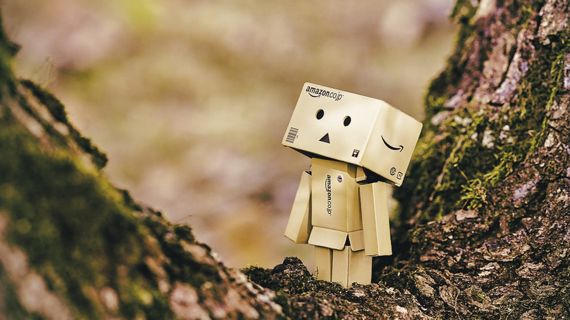 n Amazon-themed Action Figure with Box-Shaped Parts, Round Eyes, and a Triangular Mouth Looking up While Standing on a Tree